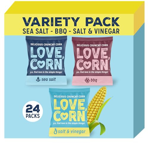 LOVE CORN Variety Pack (8x Sea Salt, BBQ, Salt & Vinegar) – Healthy Snacks Ideal for Gluten Free & Vegan Diets – Low Sugar Alternative for Crisps, Mixed Nuts & Pretzels – Perfect To Graze On