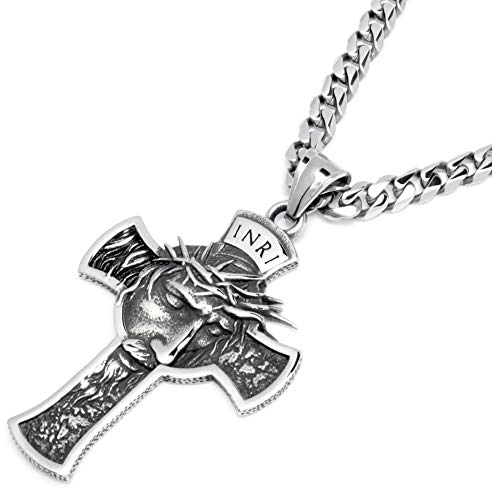 Schmuck-Checker Kreuz von Jesus mit Dornenkrone Anhänger aus Edelstahl INRI Silber christliche Kette Panzerkette Geschenk