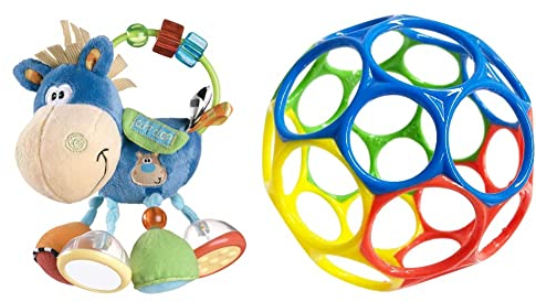 Playgro 101145 Plüschrassel Pferd, Lernspielzeug, Ab 3 Monaten, BPA-frei, Blau/Bunt, 40016, 15 x 6 x 20 cm & Bright Starts, Oball Classic, flexibler und leicht zu handhabender Ball