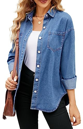 Women Denim Jacket Shacket Long Sleeve Oversize Boyfriend Jean Jacket Shirt, Blue, L