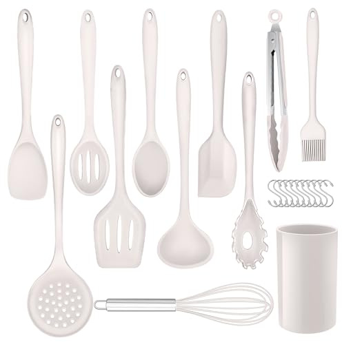 Herogo Köksredskapsset, 22 delar, köksredskap i silikon med köksredskap med redskapshållare, värmebeständiga köksredskapsset, hälsosam och non-stick, diskmaskinssäker – khaki