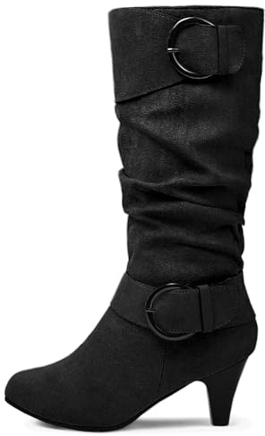 Dernolsea Knee High Boots Women, Faux Suede Stiletto Kitten Heel Side Zip Calf Length Slouch Boots Black Size 4