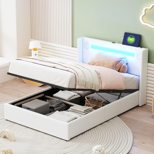 KEYIDE Letto singolo imbottito 90x200 cm con testiera, illuminazione LED, altoparlante Bluetooth e ricarica USB, letto in similpelle con spazio di archiviazione e rete a doghe, senza materasso (Bianco