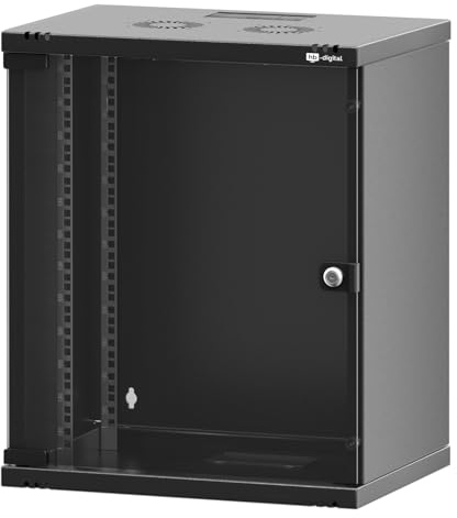 hb-digital nätverksskåp 19 tum 12HE väggmonterad glasdörr syndörr lås vägghölje för EDV router patchpanel lastkapacitet 60 kg robust djup 400 mm låsbar med ventilation omonterad – svart