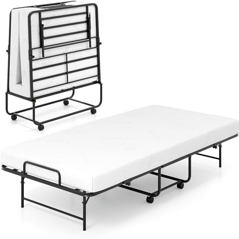COSTWAY 90x190cm Gästebett mit Matratze, Klappbares Einzelbett, Stabiler Metallbett bis 220 kg belastbar, Klappbett auf Rädern, Faltbett für Gästezimmer, Tragbares Bett, Weiß