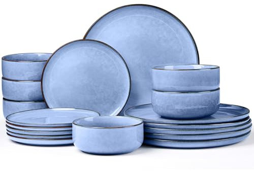 Joyfair Juego de vajilla para 6 personas, 18 piezas, de gres, resistente a los arañazos, esmalte reactivo, juego con plato llano, platos de postre, cuencos de cereales, microondas y lavavajillas, azul