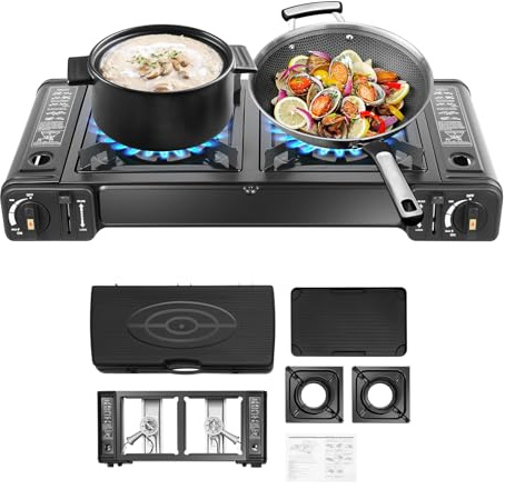 Gasspis med 2 brännare, campingspis med grillskål och förvaringsväska, bärbar utomhusgasspis för grill, campare utomhus, camping, 64 x 27,8 x 8 cm (campingkök + grillskål)