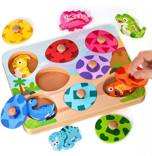 Dinosaurs Peg Puzzles Wooden Toys for 1 Year Old,Montessori Toys for Boys Girls 12-18 Months Baby Birthday Gifts, Learning Educational Toys for Toddlers Kids Age 1 2 3