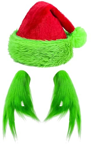 QIZHIQIAMY Cappello di Natale, Cappellino Babbo Natale, Cappello Babbo Natales Adulto, Guanti di Peluche Verdi, Guanti Natalizi Donna, Accessori Natalizi per Feste, Compleanni e Cosplay