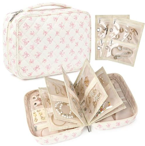CEELGON Travel Jewelry Case Organizer and Storage Quilted Jewelry Pouch Box for Traveling Ring Necklace Earring Holder with Velvet Jewelry Binder Mini Portable Jewelry Bag (Pink Bow)