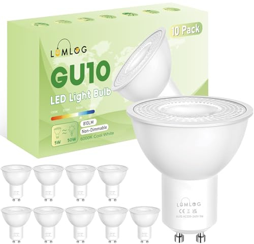 Lumlog GU10 LED-lampor kallvit 6 000 K, 5 W (50 W Eqv), 810 LM, CRI>80, 38° stråle, icke-flimmer, icke-dimbar, energiklass C, 10-pack för hembelysning