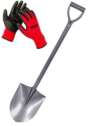 SATARGO Garden Spade, Pointed Digging Shovel, Full Metal Carbon Steel, D-Handle Design, 102 cm Length, with Work Gloves