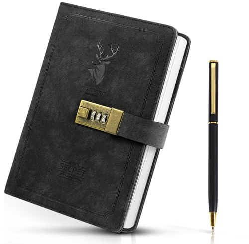 CeroDimo Vintage PU Leather Password-Protected Journal Secure Lock Diary for Men Women and Teens Black Secret Writing Notebook (240 Pages)