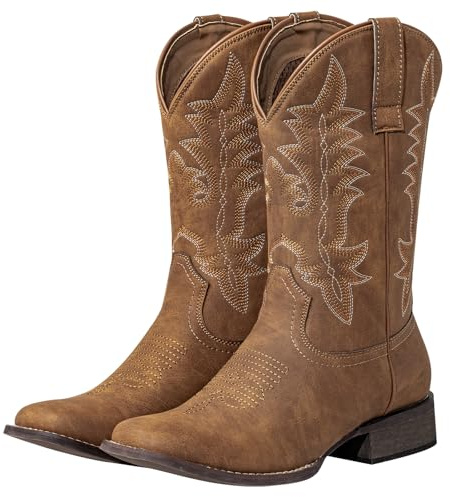 SheSole Women's Wide Square Toe Western Cowgirl Cowboy Boots | Embroidered Faux Leather Mid Calf Pull On 1.4 Low Heel for Wedding Country Concert Music Festival Rodeo Party Casual Outfits