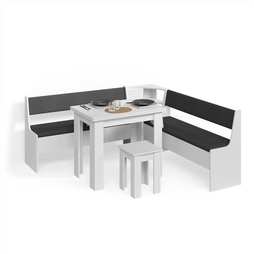 Livinity Gruppo panca ad angolo Tiberio, Bianco, 180 x 180 cm con tavolo