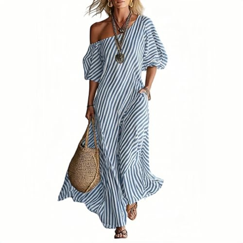 Robe longue élégante et classique à rayures avec épaules dénudées pour femme, robe d'été décontractée, idéale pour l'été, la plage, les vacances, le printemps