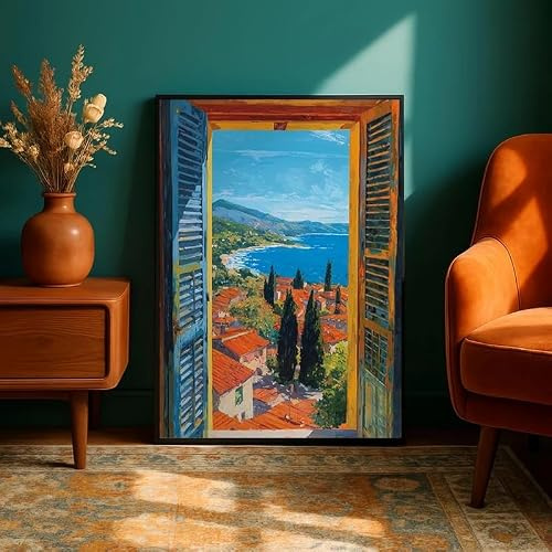 Marockansk innergård med apelsinträd, medelhavsmålning, kanvas, italiensk sommar, reseaffisch, kök, heminredning (40x60cm/utan ram)