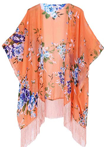 soul young Femmes Floral Couvrez-vous,Mousseline Chales Cardigan Robes de chambre et kimonos Tops Outwear Blouse avec Fringes(Taille unique)