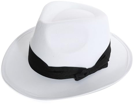 X1 VUXEN VUXEN TRILBY HATT FANCY KLÄNNING TILLBEHÖR - Vit GANGSTER HATT MED SVART ROSETT