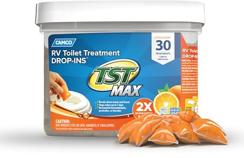Camco TST MAX Camper/RV Toilet Treatment Drop-INs - Control Unwanted Odors & Break Down Waste and Tissue - Safe Septic Tank Treatment - Orange Scent, 30-Pack (41183)