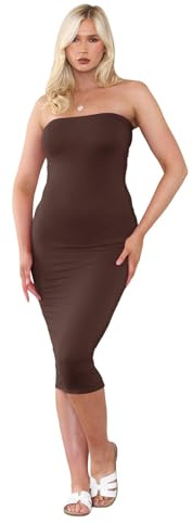 Janisramone Mujeres Señoras Nuevo Llanura Boob Tubo Tramo Bandeau Sin Tirantes Verano Lápiz Bodycon Midi Vestido