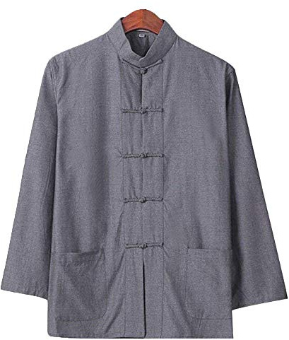 ZooBoo Traditional Long Sleeve Tang Kung Fu Uniform Men's Shirt (Gray, XL)