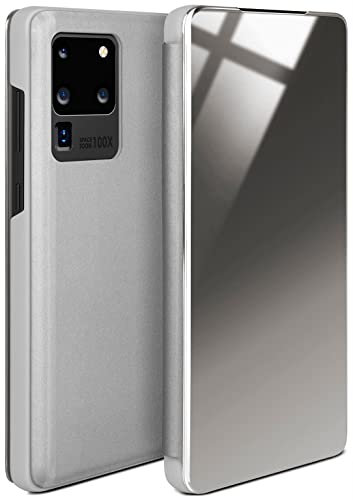 moex Void Case for Samsung Galaxy S20 Ultra / 5G Case in High Gloss Look, Clear View Cover Mirror Case, Flip Case 360 Degree Protective Case with Mirror, All-Round Protection Mobile Phone Case, Silver