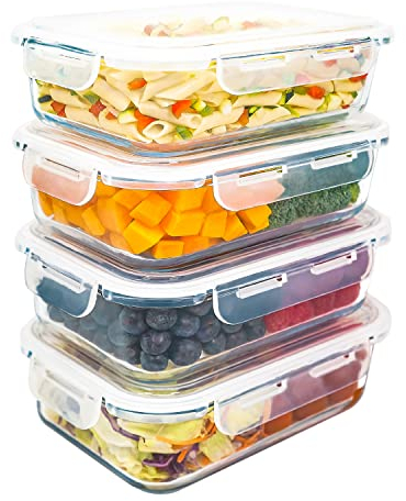 LG Luxury & Grace Lot de 4 Boîtes Alimentaires en Verre 1500 ml. Récipient Hermétique. Boîtes de Conservation pour Micro-Ondes, Four, Lave-Vaisselle et Congélateur. Sans BPA.