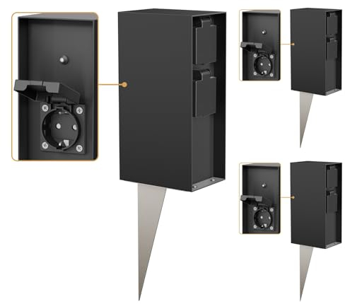 ledscom.de 3 Stück Garten-Steckdosensäule POMI mit Erdspieß für außen, IP44, Dämmerungssensor, 3-Fach, schwarz, eckig, 23cm