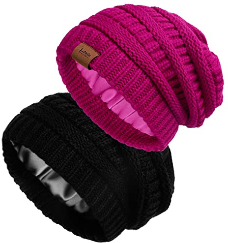 2-pack satinfodrade stickade mössor för kvinnor vinter varm stretch slouch kabelmössa med satinsidenfoder, Svart+ros, One Size