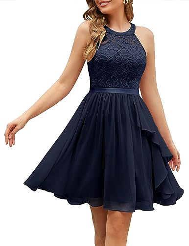 Wedtrend cocktailklänning elegant för bröllop A-linje halterneck volangklänning aftonklänning knälång chiffong examensklänning, Marinblå, XXL