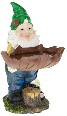 Relaxdays Trädgårdstomte med fågelbad, väderbeständig, frostsäker, H x B x D: 36 x 22 x 22 cm, trädgårdsfigur, konstgjord sten, färgglad