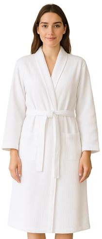 The Plum Blossom Co. 100% Organic Cotton Waffle Bathrobe – Soft & Lightweight Waffle Dressing Gown for Women – Luxury Cotton Dressing Gown in Snow White – S