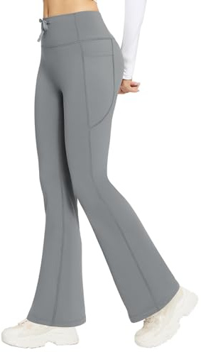 BALEAF Fleecefodrade yogabyxor för kvinnor med 4 fickor termiska utsvängda leggings dragsko hög midja bootcut legging, Mörkgrått, XS