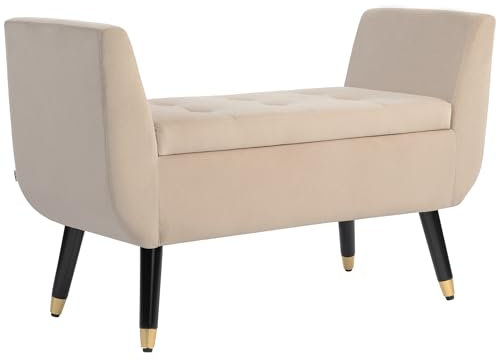 HOMCOM Sitzbank mit Stauraum Armlehnen Polsterbank mit Samtoptik, Sitztruhe mit Holzbeine, Truhenbank für Wohnzimmer Schlafzimmer Flur 107 x 42 x 65 cm, Beige