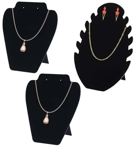 XIAQICA 3 Pezzi Espositore Collane in Velluto Nero Porta Collane Orecchini Gioielli Espositore Stand Busto + Forma di Fiamma Espositori per Gioielli Toeletta, Vetrinetta