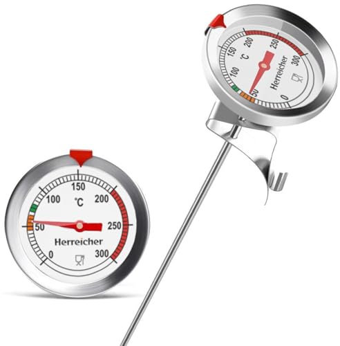 Herreicher Frying Thermometer Grill Thermometer 300 °C Instant Read Analogue Stainless Steel Meat Thermometer with Practical Clip 23 cm Long Probe Cooking Thermometer Kitchen