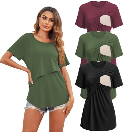 Ekouaer amningsskjorta, modell, mammamode, 1/3-pack, mjuk, kortärmad, sommar, amnings-t-shirt, amningstoppar, damer, amningstopp för gravida kvinnor