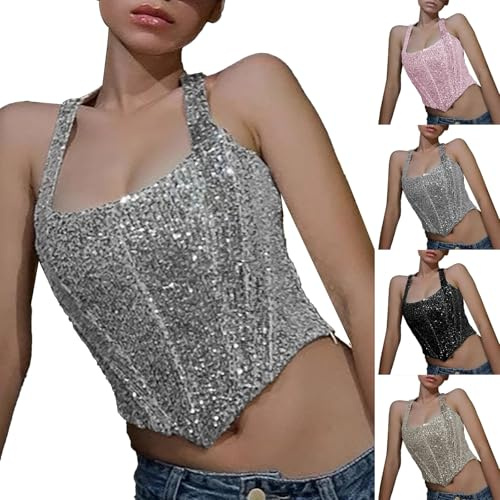 Generisk glitter crop top damer festival, glitter topp damer party paljetter linne silver axelbandstopp spagettiremmar väst ärmlös glitterblus sexig outfit karneval glittertopp, Beige, L