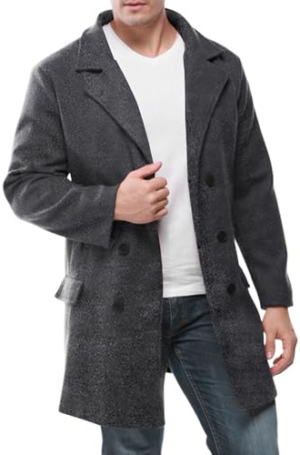 Herr dubbelbröstad lång trenchcoat vinter hack vindjacka ytterrock lång ullblandning ytterrock för män, Grått, XXL