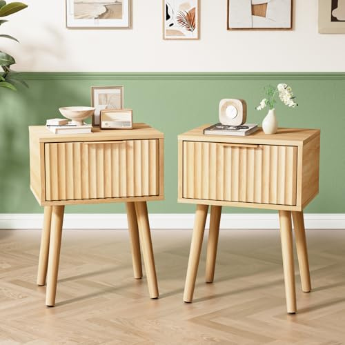 Bonnlo Oak Bedside Table with 1 Drawer, Grille-Style Nightstand Tall Solid Wood Legs Sofa End Table, Modern Bedside Storage Drawers for Bedroom, Living Room, 40 * 30 * 55cm