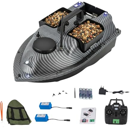 LENJKYYO Barco de cebo GPS con mando a distancia, barco de alimentación RC de 500 m, barco de pesca con 3 recipientes y luz nocturna, 2 x 5200 mAh de iones de litio, barco de alimentación para lagos y