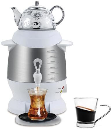 1800 W turkisk tebryggare, rostfritt stål samovar med keramisk kruka, 5 l kapacitet, automatisk avstängning och håller värmen funktion för att brygga svart te och kaffe