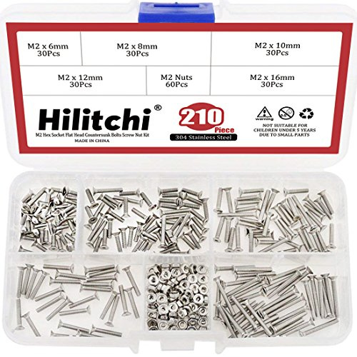 Hilitchi 210-Piece Metric M2 Hex Socket Flat Head Countersunk Bolts Screw Nut Assortment Kit - 304 Stainless Steel