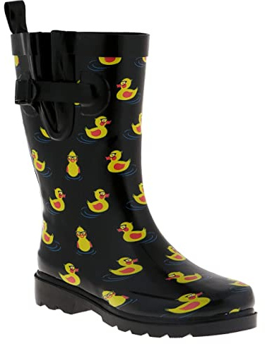 Capelli New York Ladies Rubber Rain Boots, Yellow Duck Print, Mid-Calf Boots, With Buckle, Gusset & Back Pull Loop, Black, Size 9