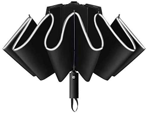 Gimars Parapluie Pliant avec 10 Baleines 210T Revêtement en Téflon Anti UV, Bandes Réfléchissantes, Ouverture/Fermeture Automatique - Noir
