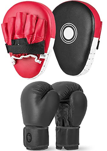 Lions Boxing Set Focus Pads and Gloves Mitts Punch Bag MMA Training Hook & Jab, Men Women Adult Kids Unisex Sparring Martial Arts Karate Fitness Exercise Sets (Red Straight, 10OZ)
