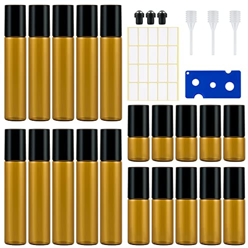 20 stycken glasflaskor rulle för eterisk olja 3 ml/5 ml/10 ml, mini bärnsten rollon-flaskor tom med öppnare, etiketter och pipetter, prov glasflaskor för aromoljor blandning, doft, parfym, massage