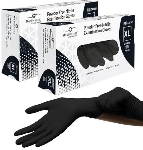 Farla Medical MediHands Disposable Extra Large Nitrile Gloves - Powder Free and Latex Free Surgical Gloves - Multi-Purpose, Single Use Medical Gloves - Box of 200, Black