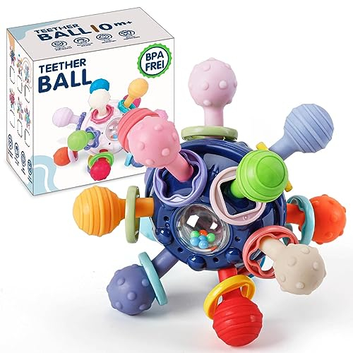 KmmiFF Beißspielzeug Baby, Beißring aus Silikon BPA-frei, Greifling Zahnungshilfe zu stimulieren und zu entspannen, weiche Zahnen Spielzeug Teether Ball Baby Geschenk ab 3 Monate Blau